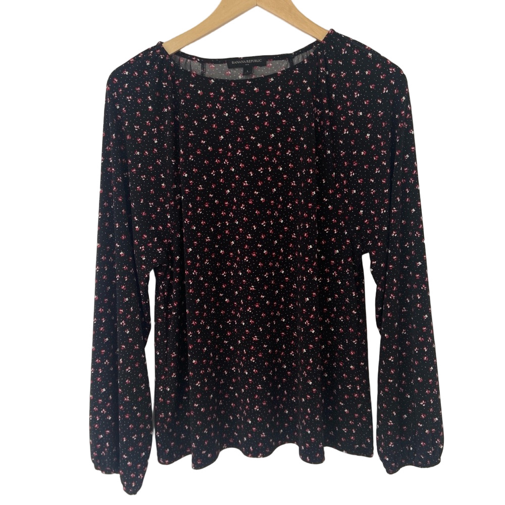 BANANA REPUBLIC BLACK/RED DITSY FLORAL TOP WITH BISHOP RAGLAN SLEEVES, LARGE